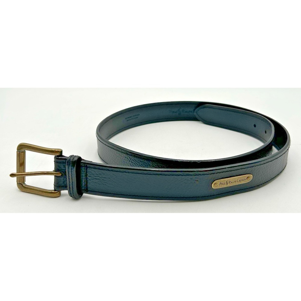 VOS Polo Ralph Lauren Belt Solid Brass Black Leather Brass Name Plate Sz 38